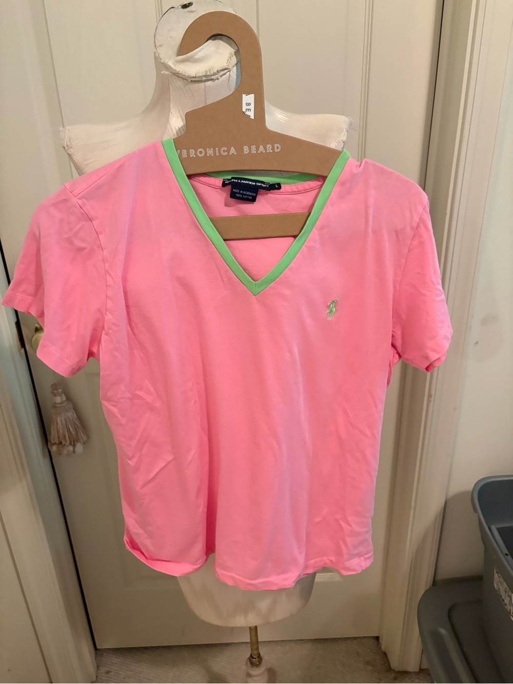 Ralph Lauren Sport Pink V-Neck Short Sleeve Tee with Green Trim size L